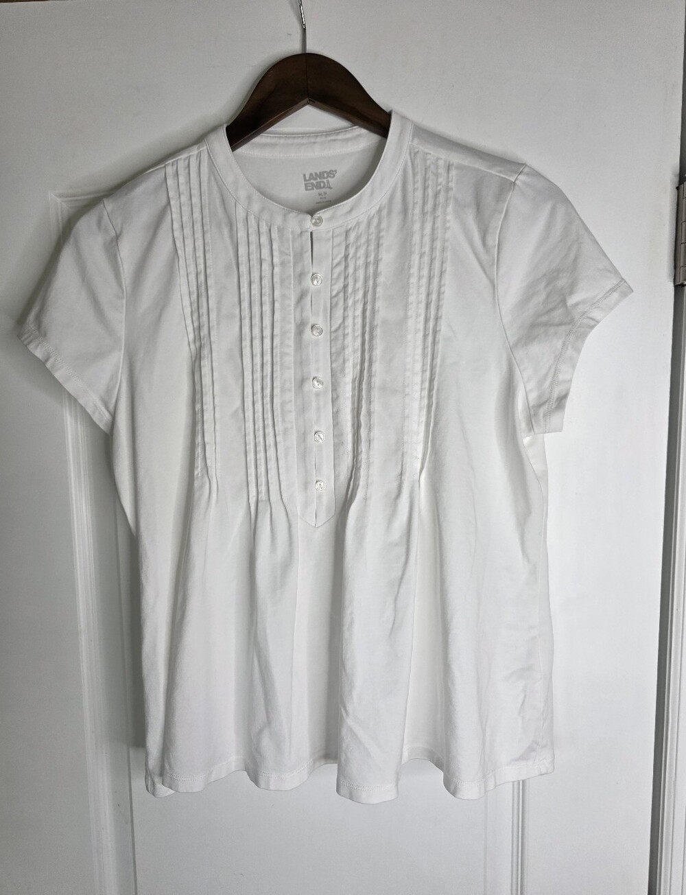 Lands' End White Short-Sleeve Pintuck Button-Front Blouse Medium Petite